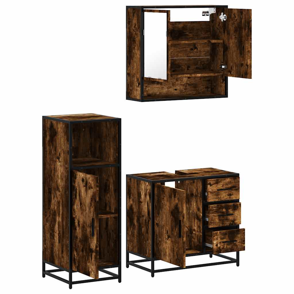 vidaXL Set mobilier de baie, 3 piese, stejar fumuriu, lemn prelucrat