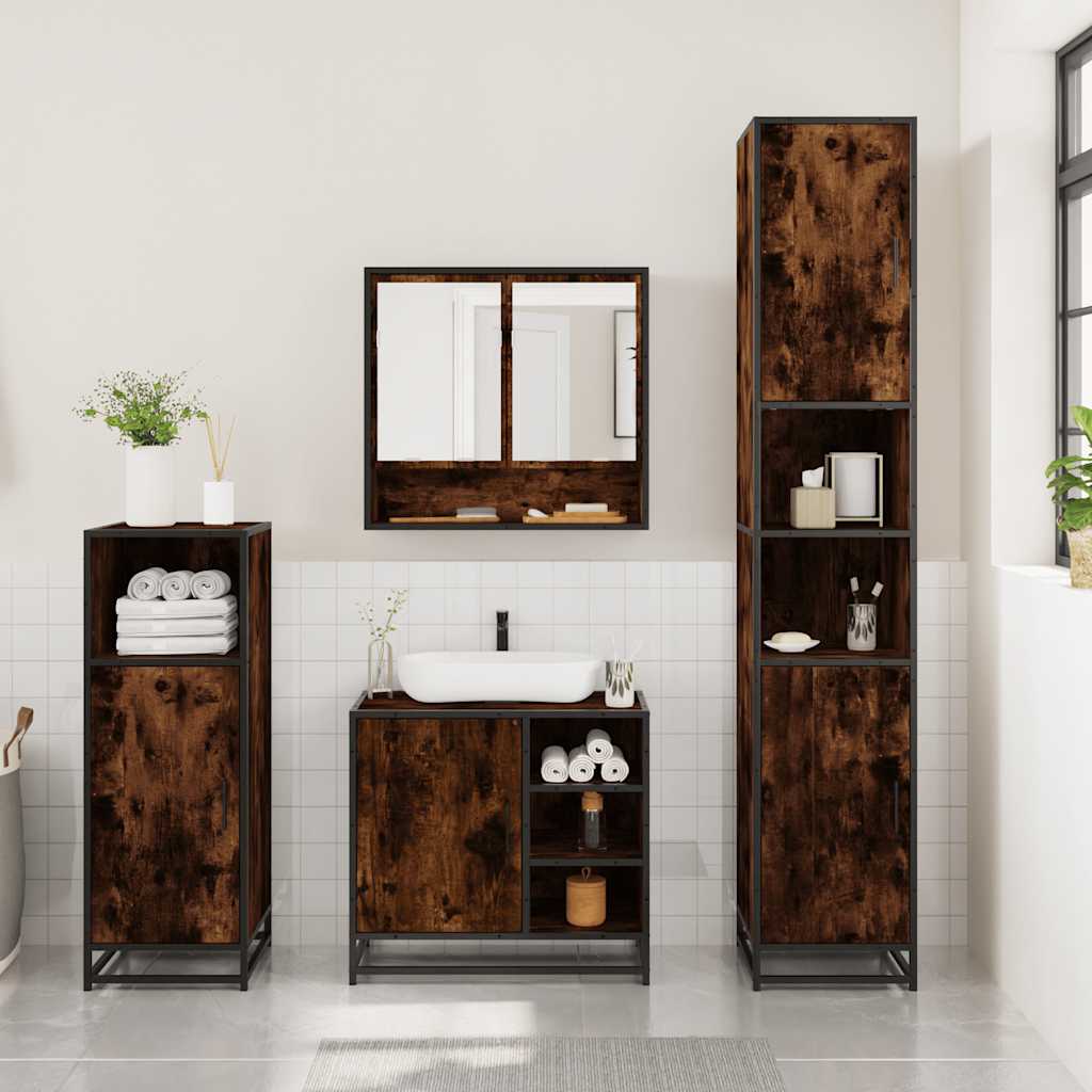 vidaXL Set mobilier de baie, 3 piese, stejar fumuriu, lemn prelucrat vidaXL Set mobilier de baie, 3 piese, stejar fumuriu, lemn prelucrat