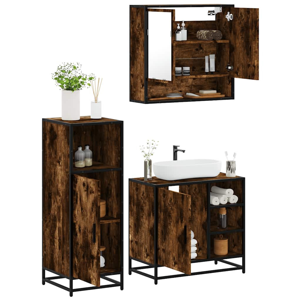 vidaXL Set mobilier de baie, 3 piese, stejar fumuriu, lemn prelucrat vidaXL Set mobilier de baie, 3 piese, stejar fumuriu, lemn prelucrat