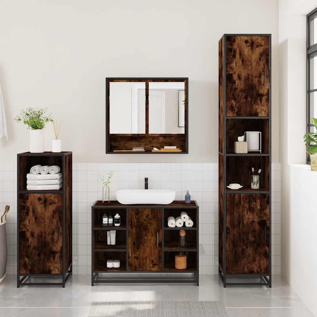 vidaXL Set mobilier de baie, 3 piese, stejar fumuriu, lemn prelucrat vidaXL Set mobilier de baie, 3 piese, stejar fumuriu, lemn prelucrat