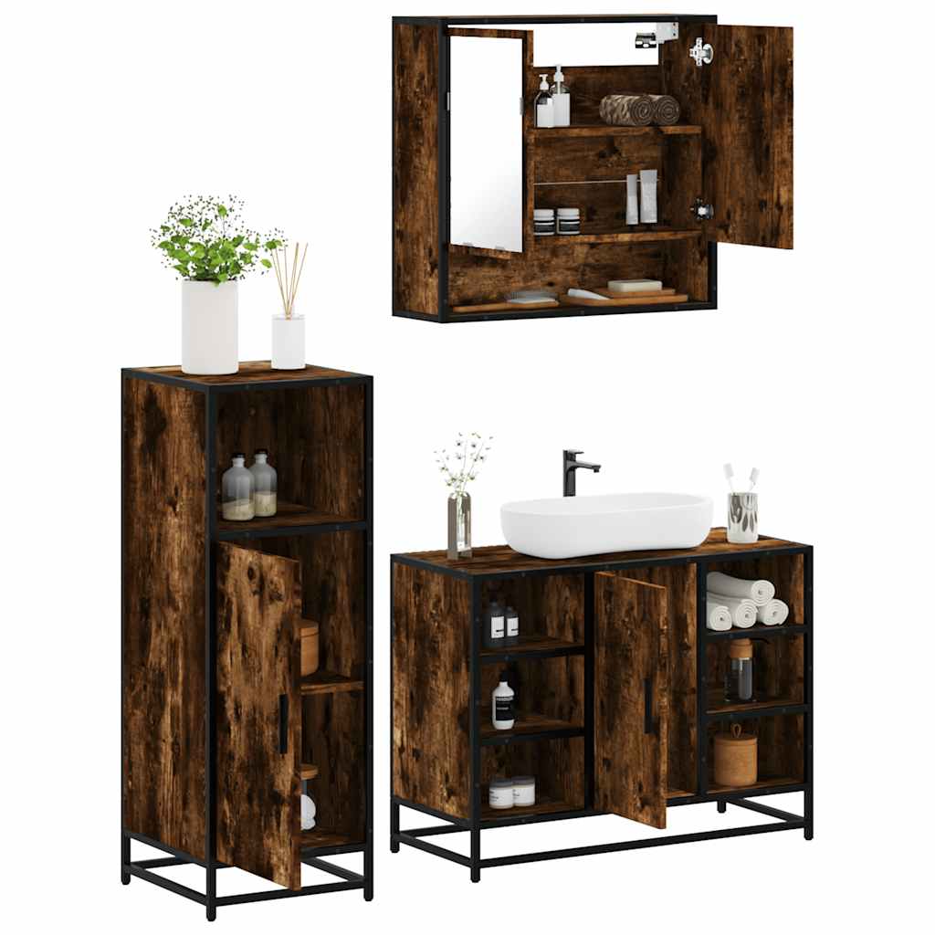 vidaXL Set mobilier de baie, 3 piese, stejar fumuriu, lemn prelucrat vidaXL Set mobilier de baie, 3 piese, stejar fumuriu, lemn prelucrat