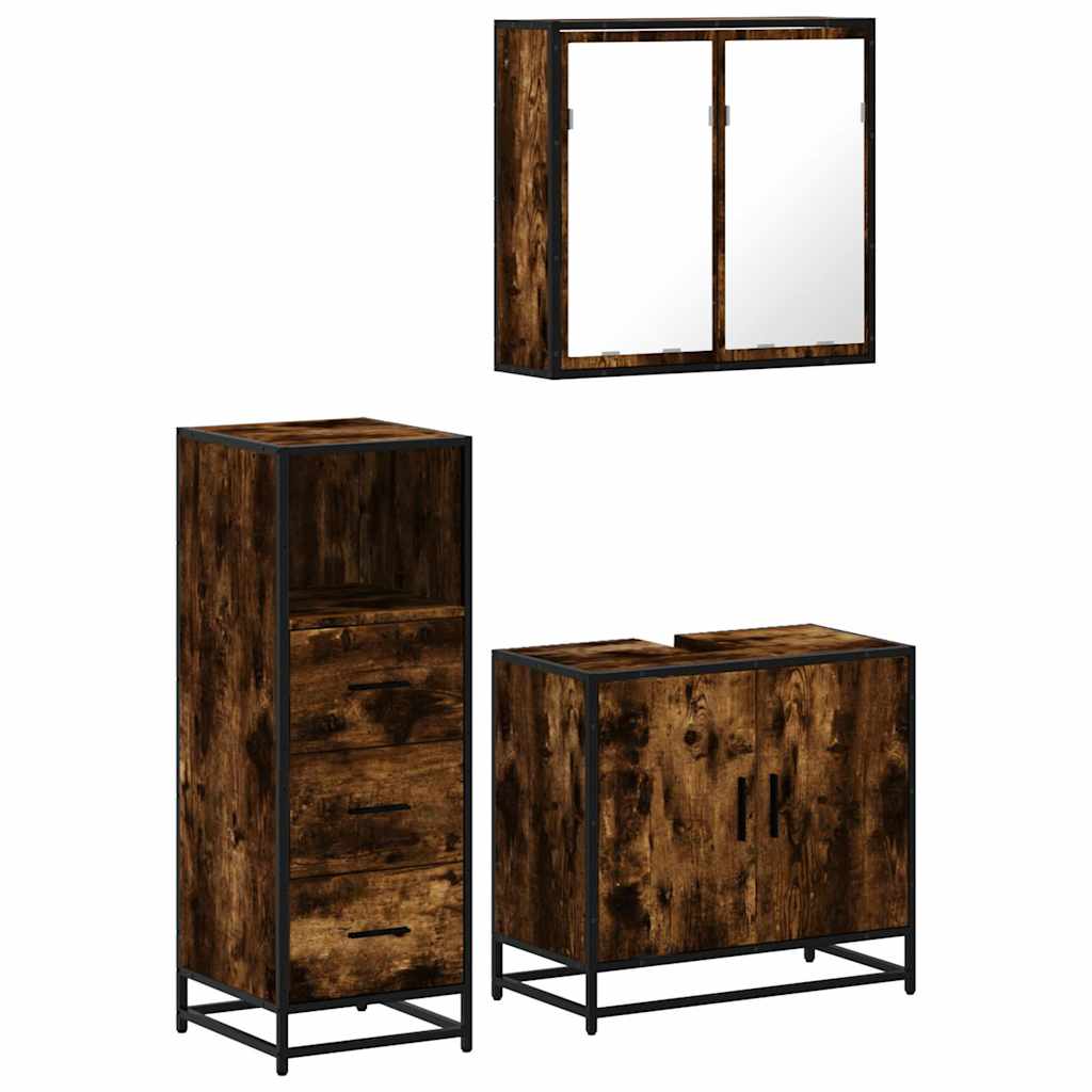 vidaXL Set mobilier de baie, 3 piese, stejar fumuriu, lemn prelucrat