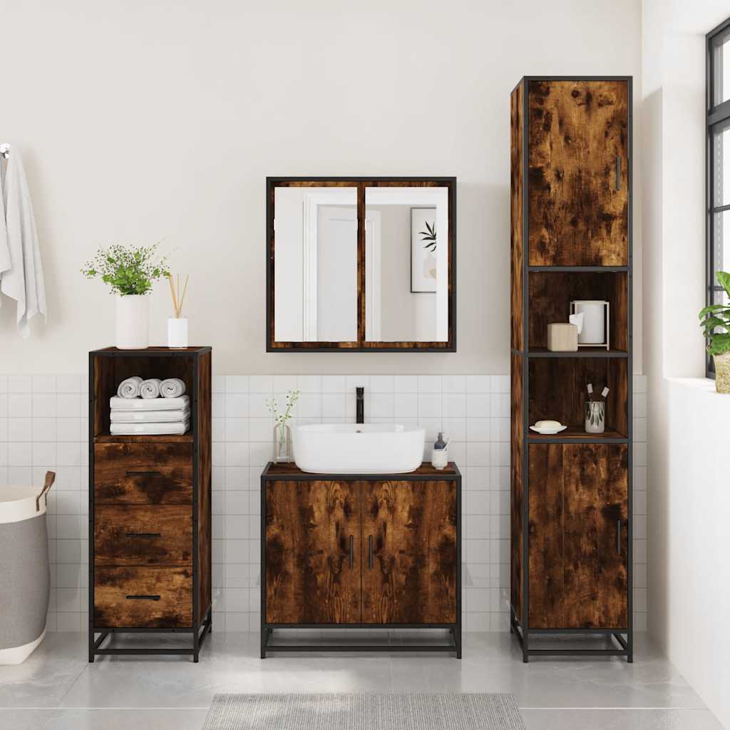 vidaXL Set mobilier de baie, 3 piese, stejar fumuriu, lemn prelucrat