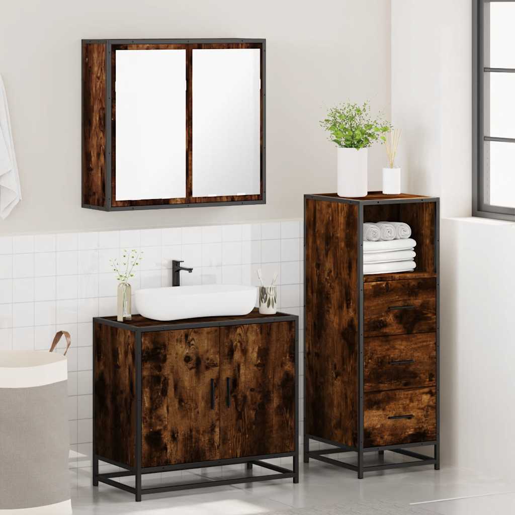 vidaXL Set mobilier de baie, 3 piese, stejar fumuriu, lemn prelucrat