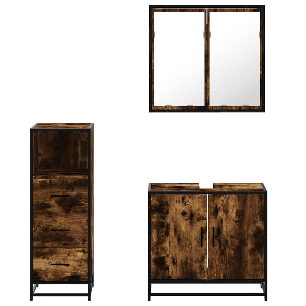 vidaXL Set mobilier de baie, 3 piese, stejar fumuriu, lemn prelucrat