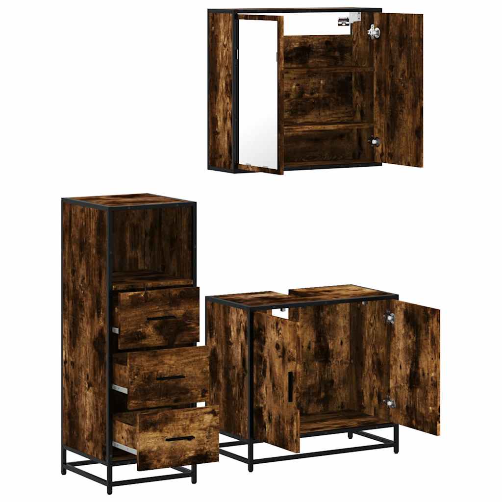 vidaXL Set mobilier de baie, 3 piese, stejar fumuriu, lemn prelucrat