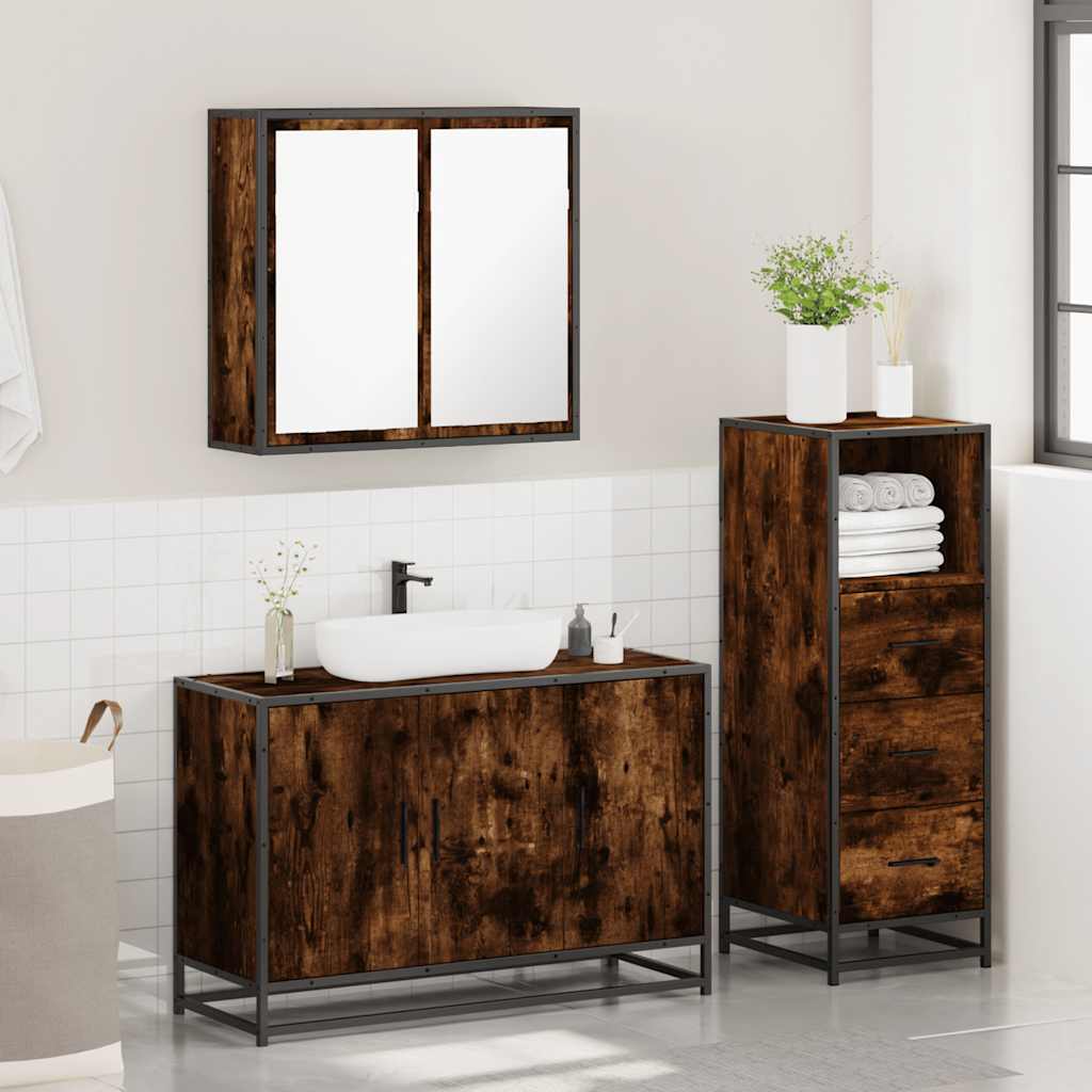 vidaXL Set mobilier de baie, 3 piese, stejar fumuriu, lemn prelucrat