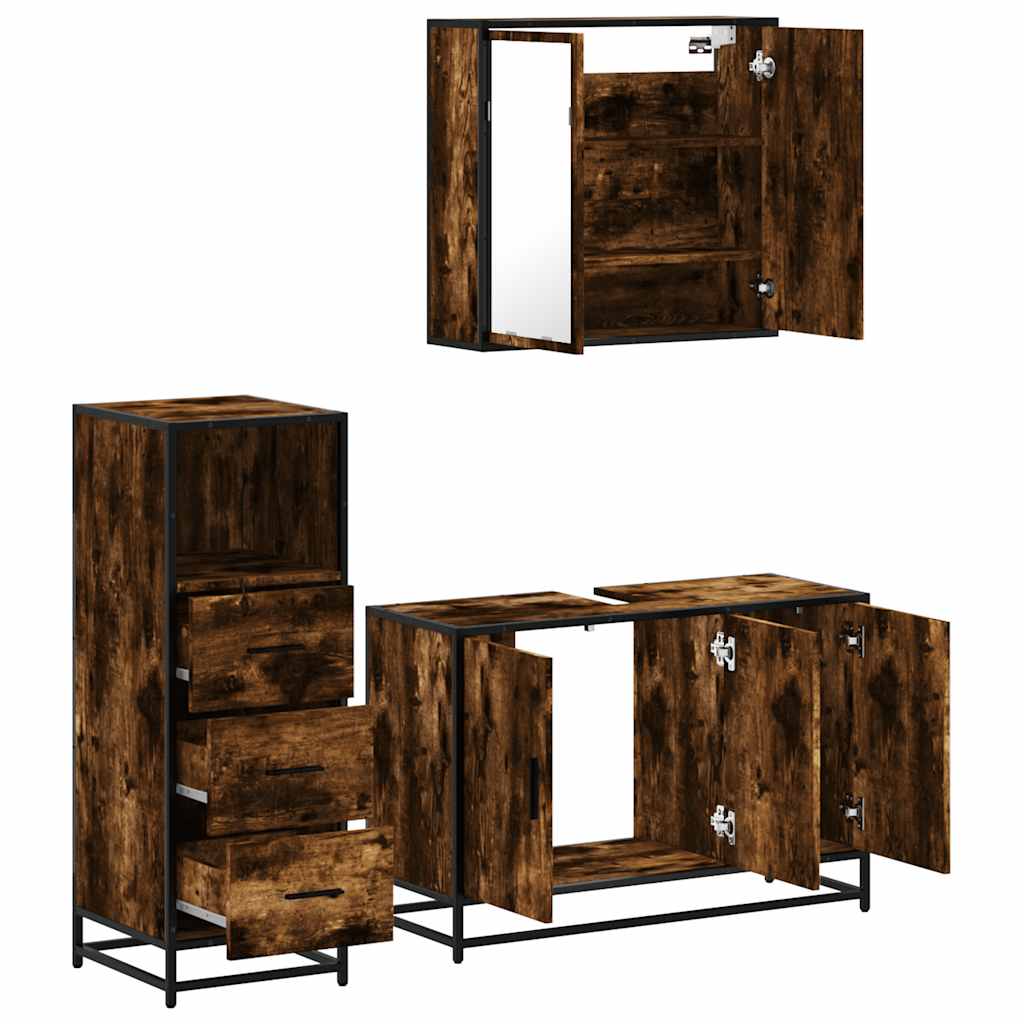 vidaXL Set mobilier de baie, 3 piese, stejar fumuriu, lemn prelucrat
