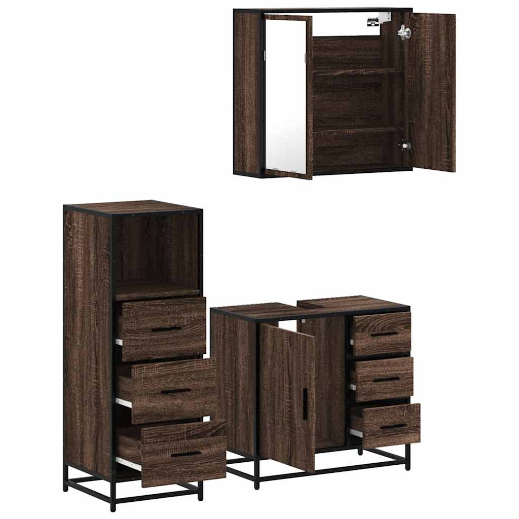 vidaXL Set mobilier de baie, 3 piese, stejar maro, lemn prelucrat