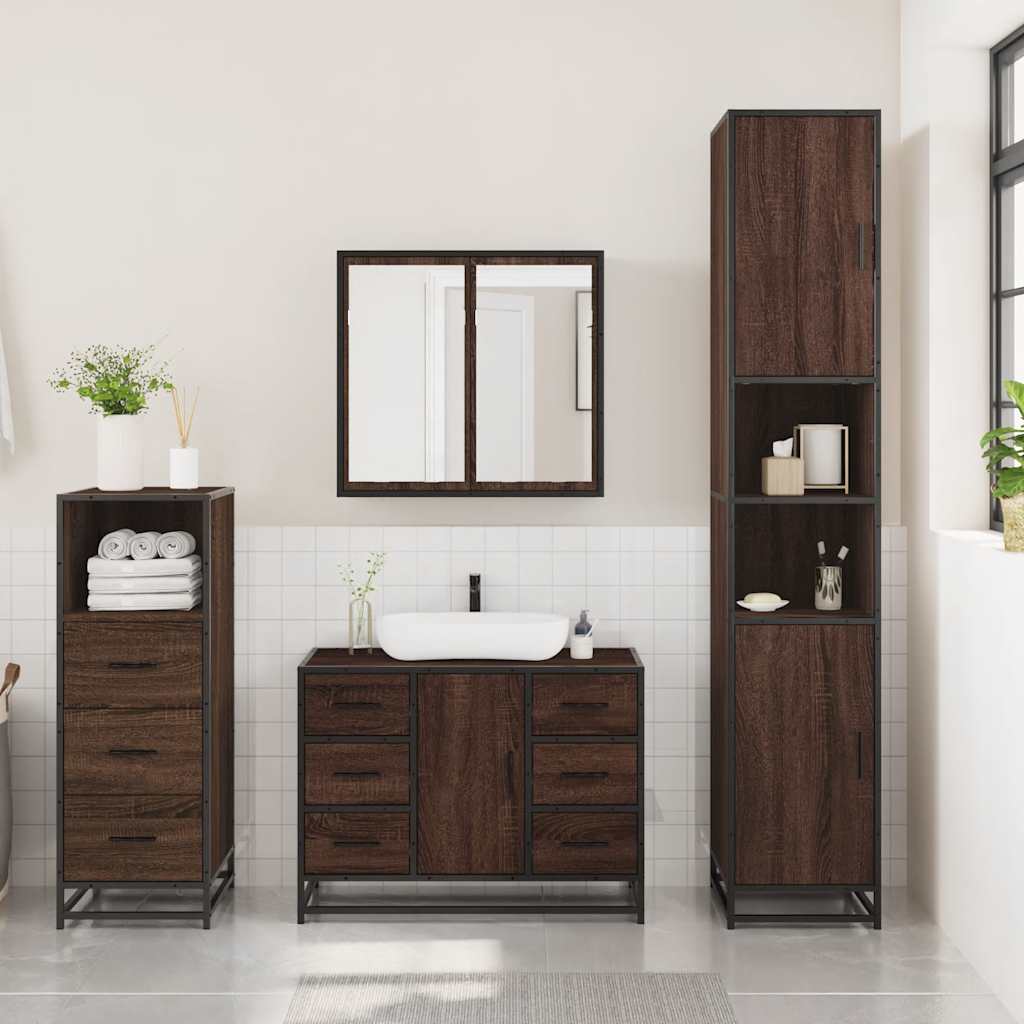vidaXL Set mobilier de baie, 3 piese, stejar maro, lemn prelucrat