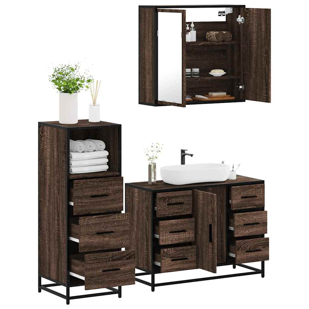 vidaXL Set mobilier de baie, 3 piese, stejar maro, lemn prelucrat