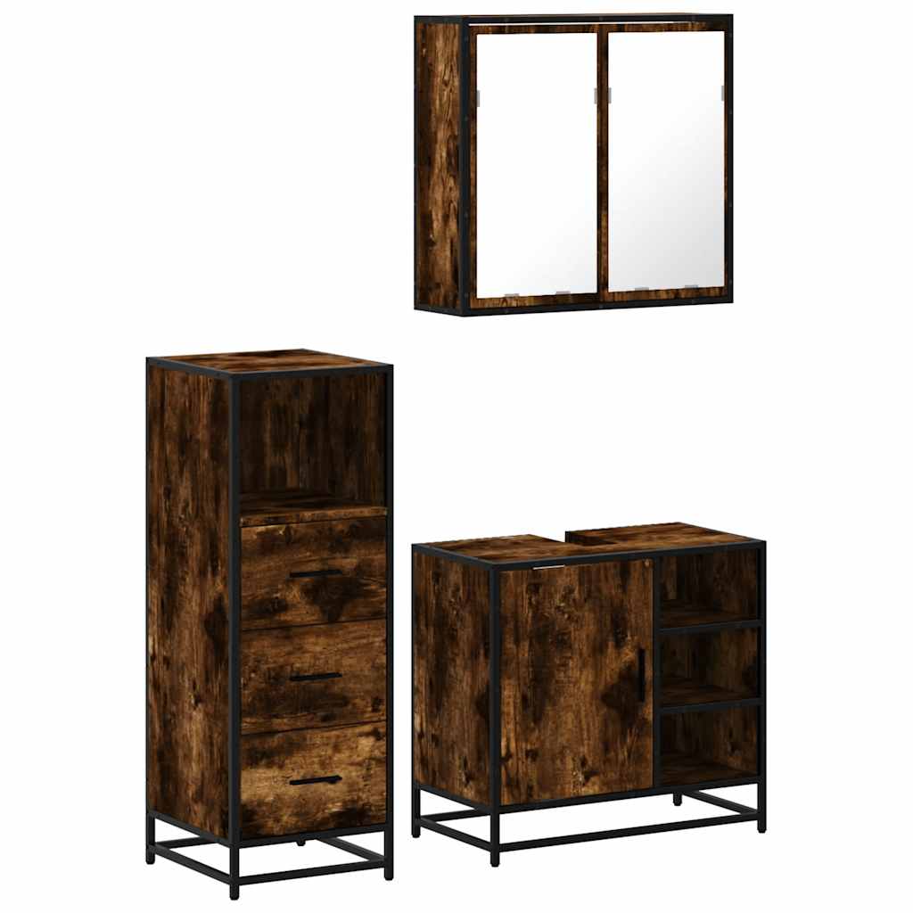 vidaXL Set mobilier de baie, 3 piese, stejar fumuriu, lemn prelucrat
