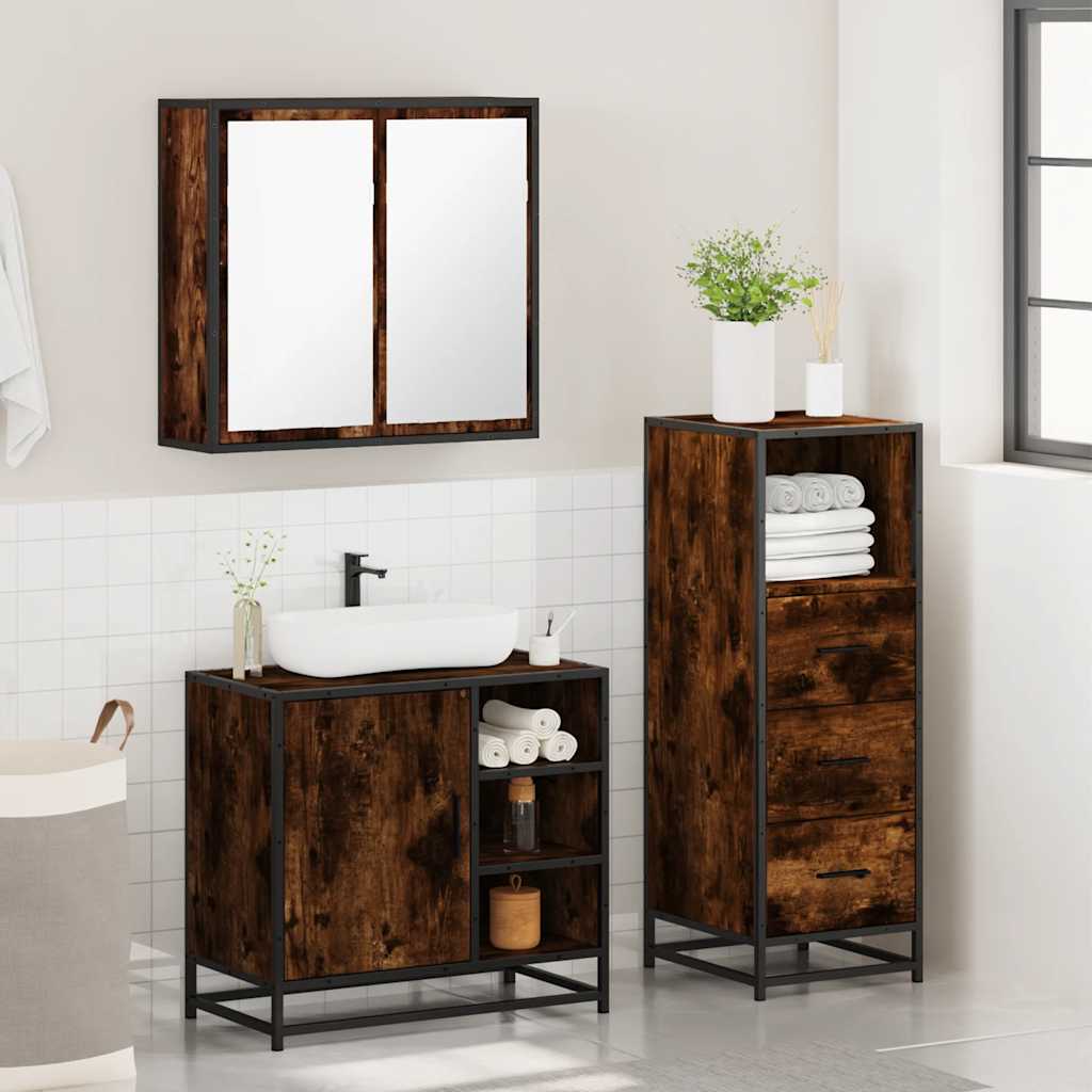 vidaXL Set mobilier de baie, 3 piese, stejar fumuriu, lemn prelucrat