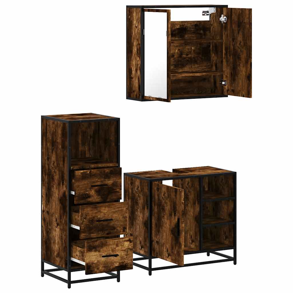 vidaXL Set mobilier de baie, 3 piese, stejar fumuriu, lemn prelucrat