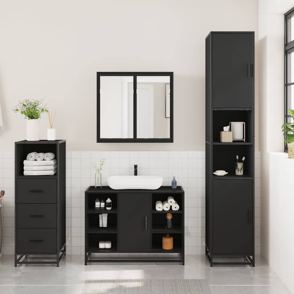 vidaXL Set mobilier de baie, 3 piese, negru, lemn compozit vidaXL Set mobilier de baie, 3 piese, negru, lemn compozit