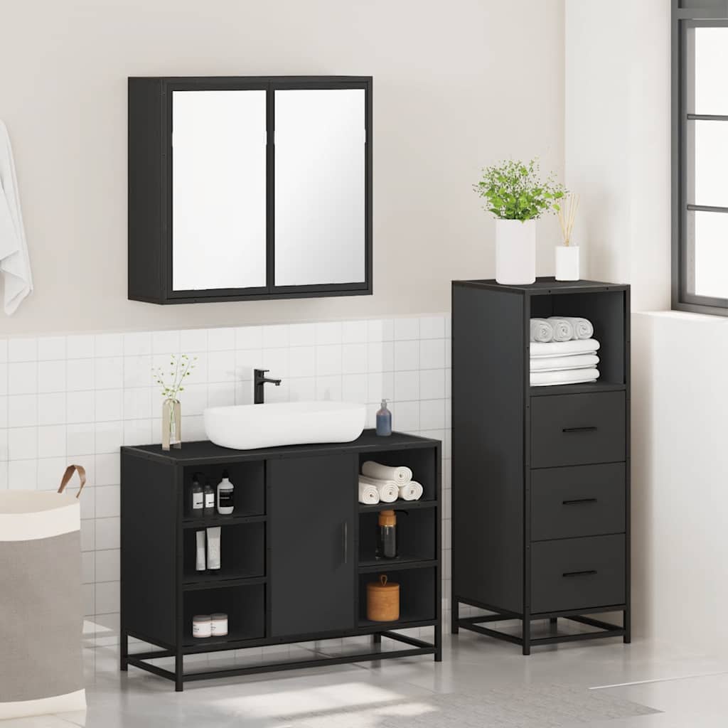 vidaXL Set mobilier de baie, 3 piese, negru, lemn compozit vidaXL Set mobilier de baie, 3 piese, negru, lemn compozit