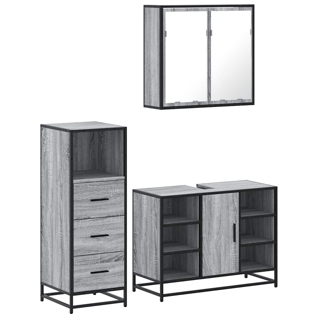 vidaXL Set mobilier de baie, 3 piese, gri sonoma, lemn prelucrat