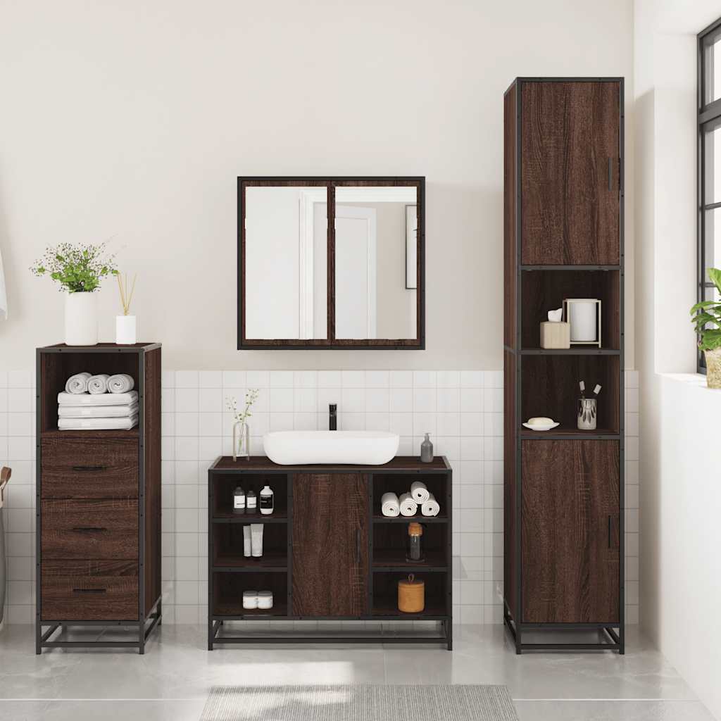 vidaXL Set mobilier de baie, 3 piese, stejar maro, lemn prelucrat