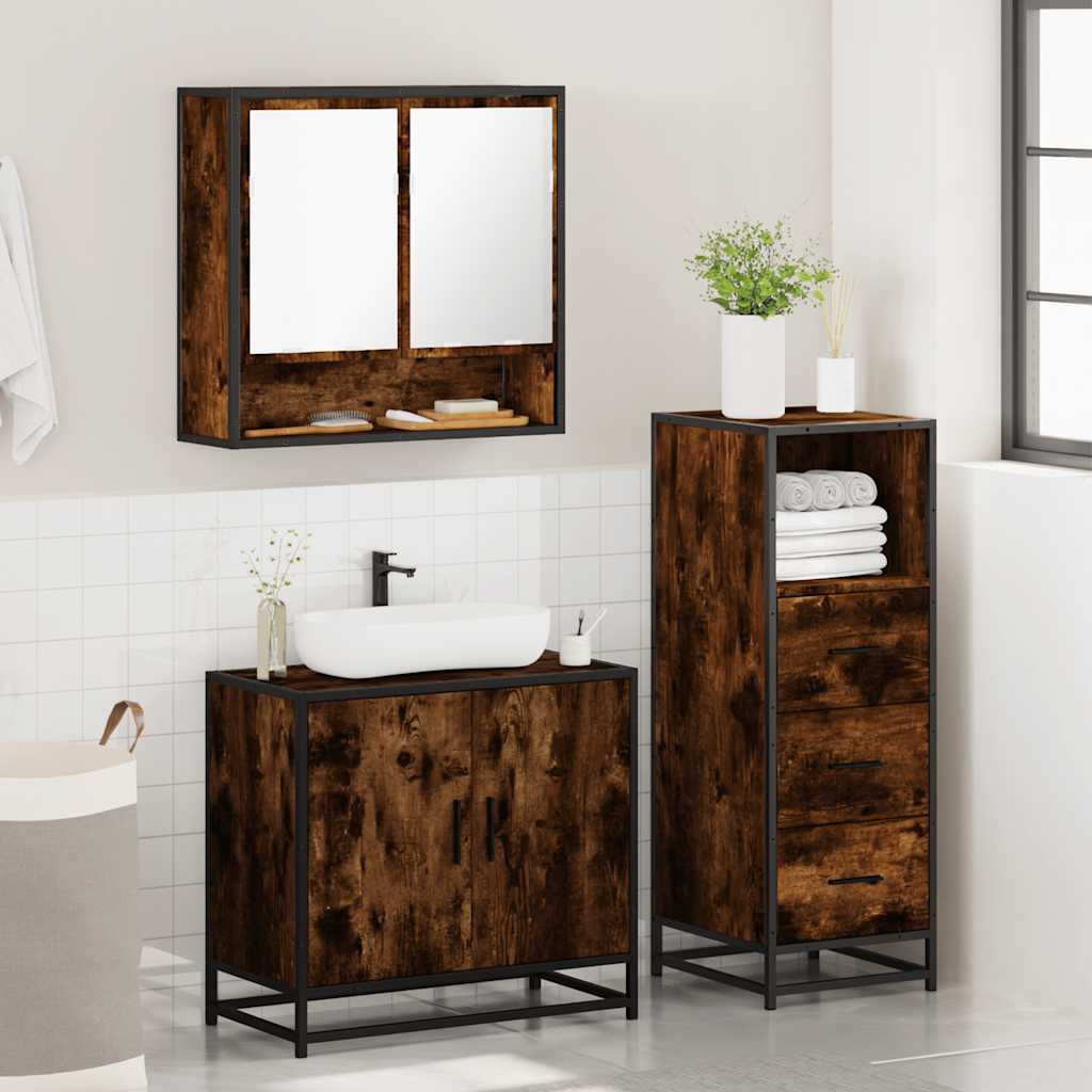vidaXL Set mobilier de baie, 3 piese, stejar fumuriu, lemn prelucrat vidaXL Set mobilier de baie, 3 piese, stejar fumuriu, lemn prelucrat