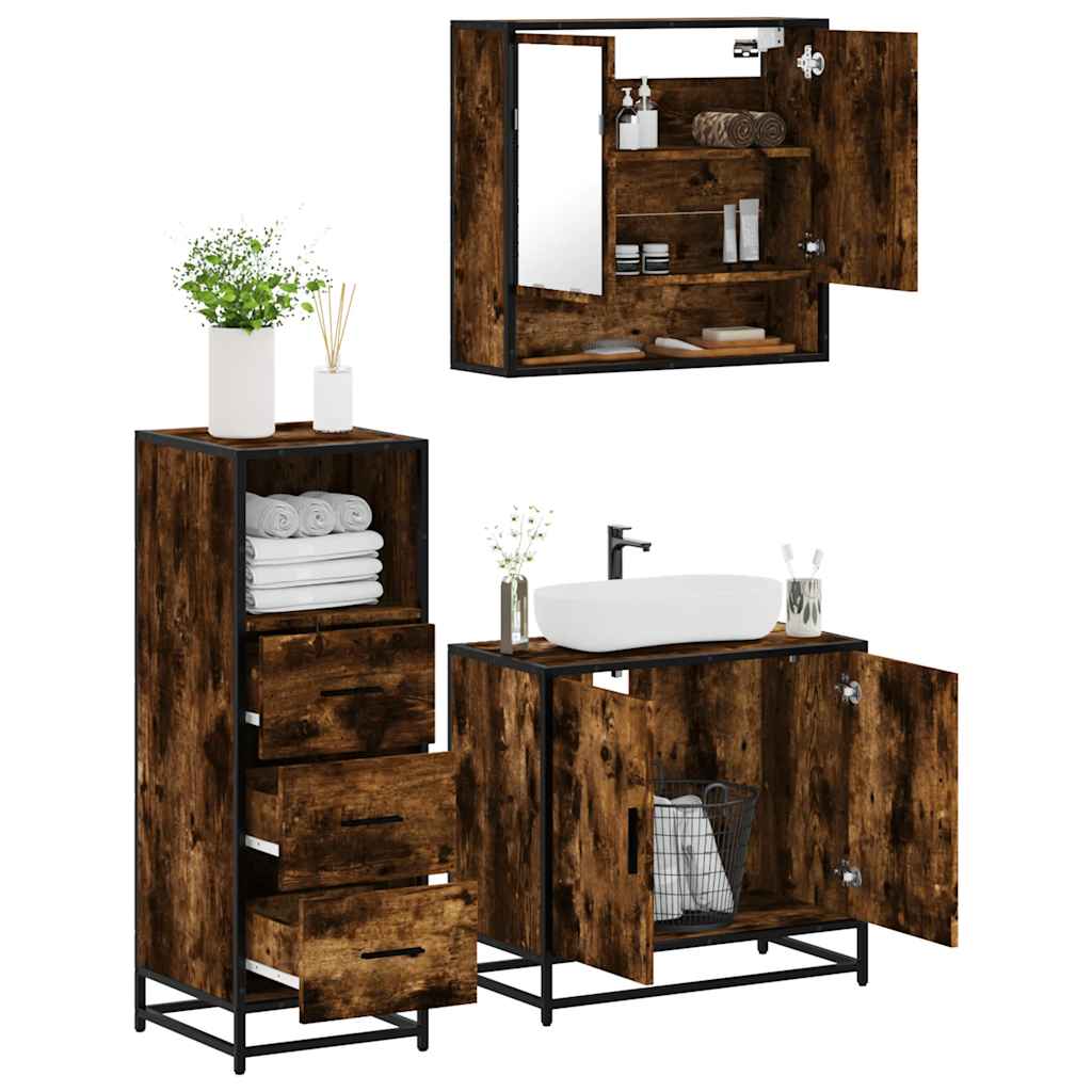 vidaXL Set mobilier de baie, 3 piese, stejar fumuriu, lemn prelucrat vidaXL Set mobilier de baie, 3 piese, stejar fumuriu, lemn prelucrat