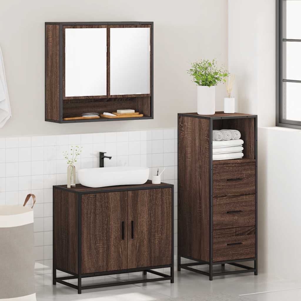 vidaXL Set mobilier de baie, 3 piese, stejar maro, lemn prelucrat