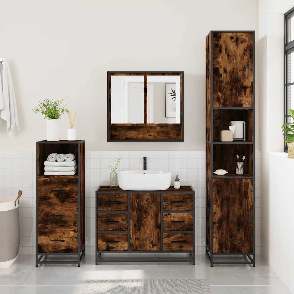 vidaXL Set mobilier de baie, 3 piese, stejar fumuriu, lemn prelucrat