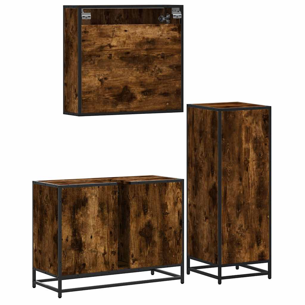 vidaXL Set mobilier de baie, 3 piese, stejar fumuriu, lemn prelucrat