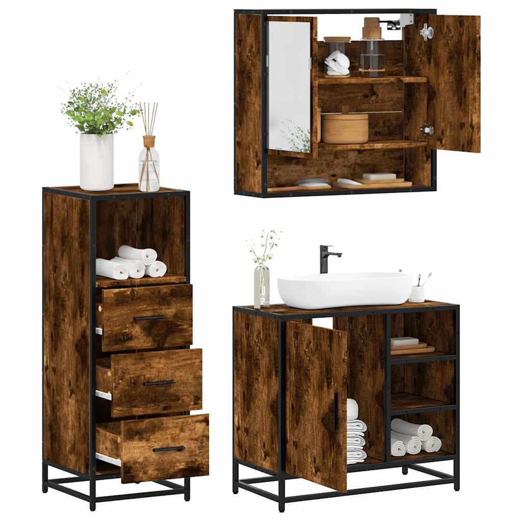 vidaXL Set mobilier de baie, 3 piese, stejar fumuriu, lemn prelucrat vidaXL Set mobilier de baie, 3 piese, stejar fumuriu, lemn prelucrat
