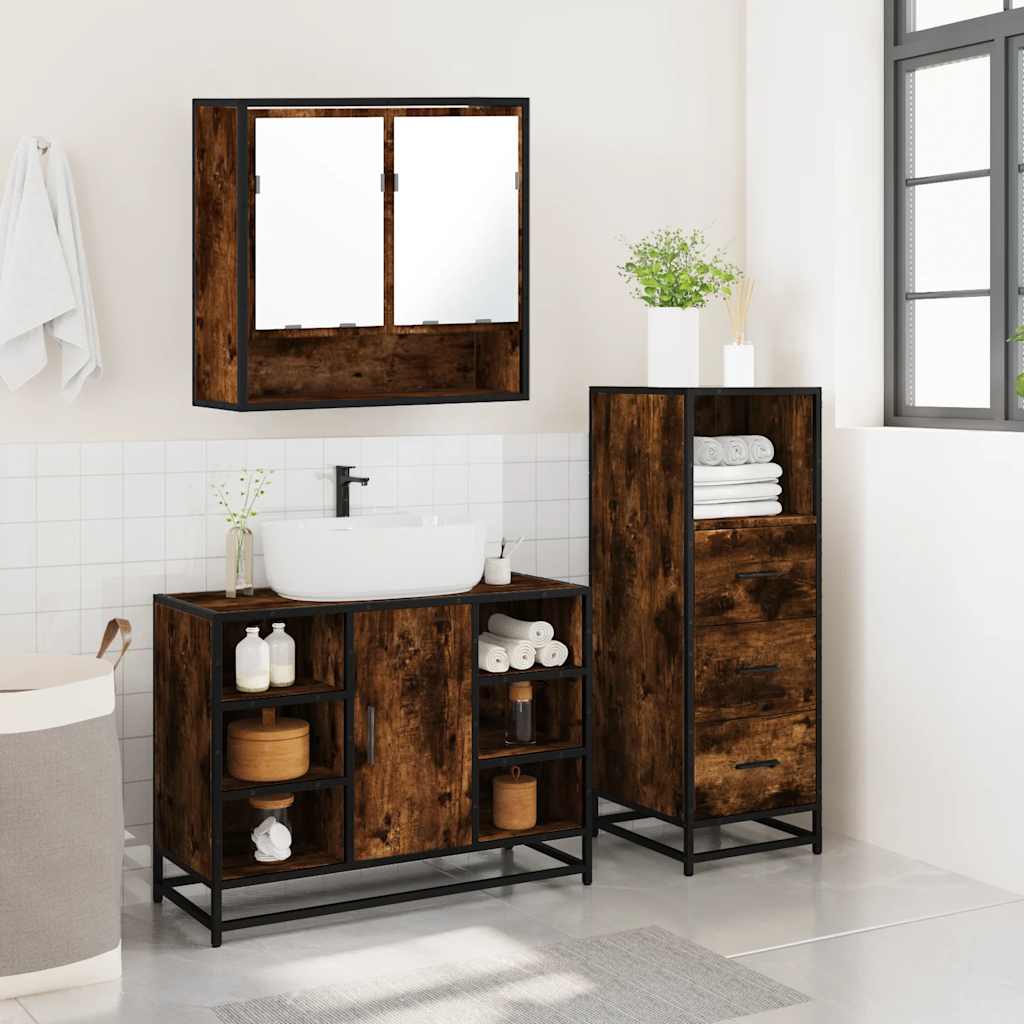 vidaXL Set mobilier de baie, 3 piese, stejar fumuriu, lemn prelucrat vidaXL Set mobilier de baie, 3 piese, stejar fumuriu, lemn prelucrat