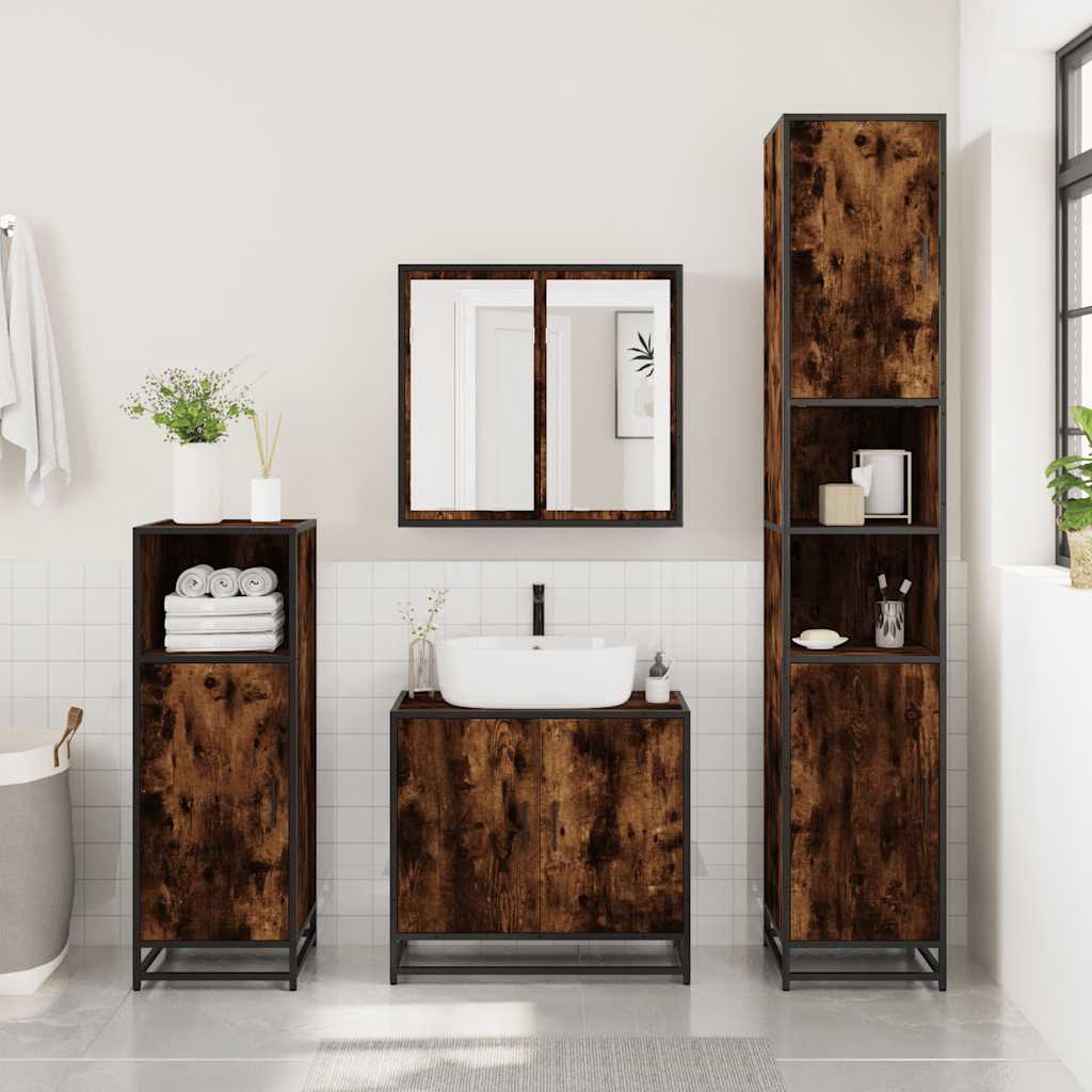 vidaXL Set mobilier de baie, 3 piese, stejar fumuriu, lemn prelucrat