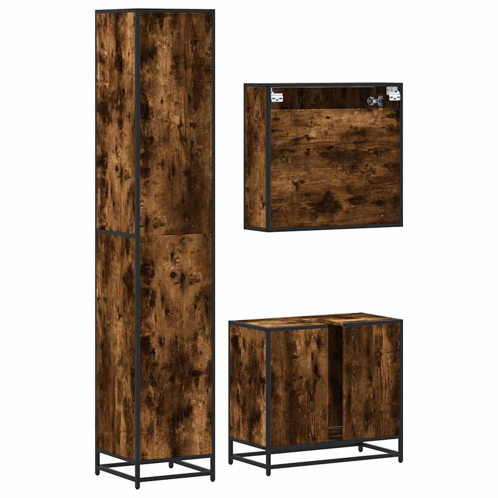 vidaXL Set mobilier de baie, 3 piese, stejar fumuriu, lemn prelucrat