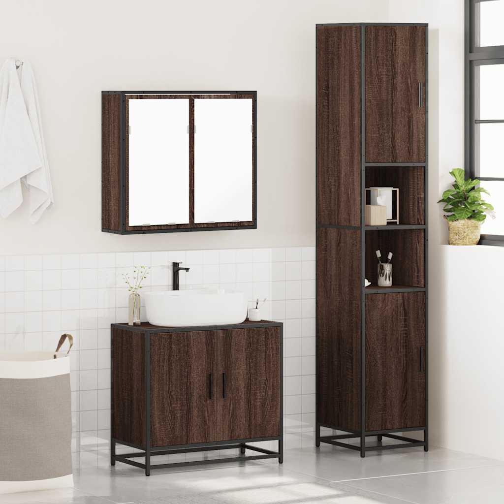 vidaXL Set mobilier de baie, 3 piese, stejar maro, lemn prelucrat