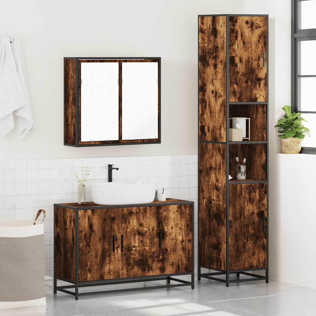 vidaXL Set mobilier de baie, 3 piese, stejar fumuriu, lemn prelucrat