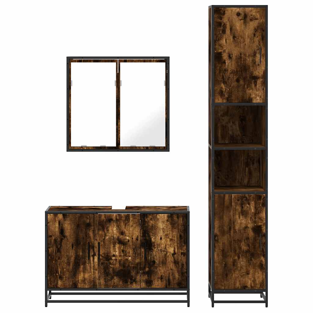 vidaXL Set mobilier de baie, 3 piese, stejar fumuriu, lemn prelucrat