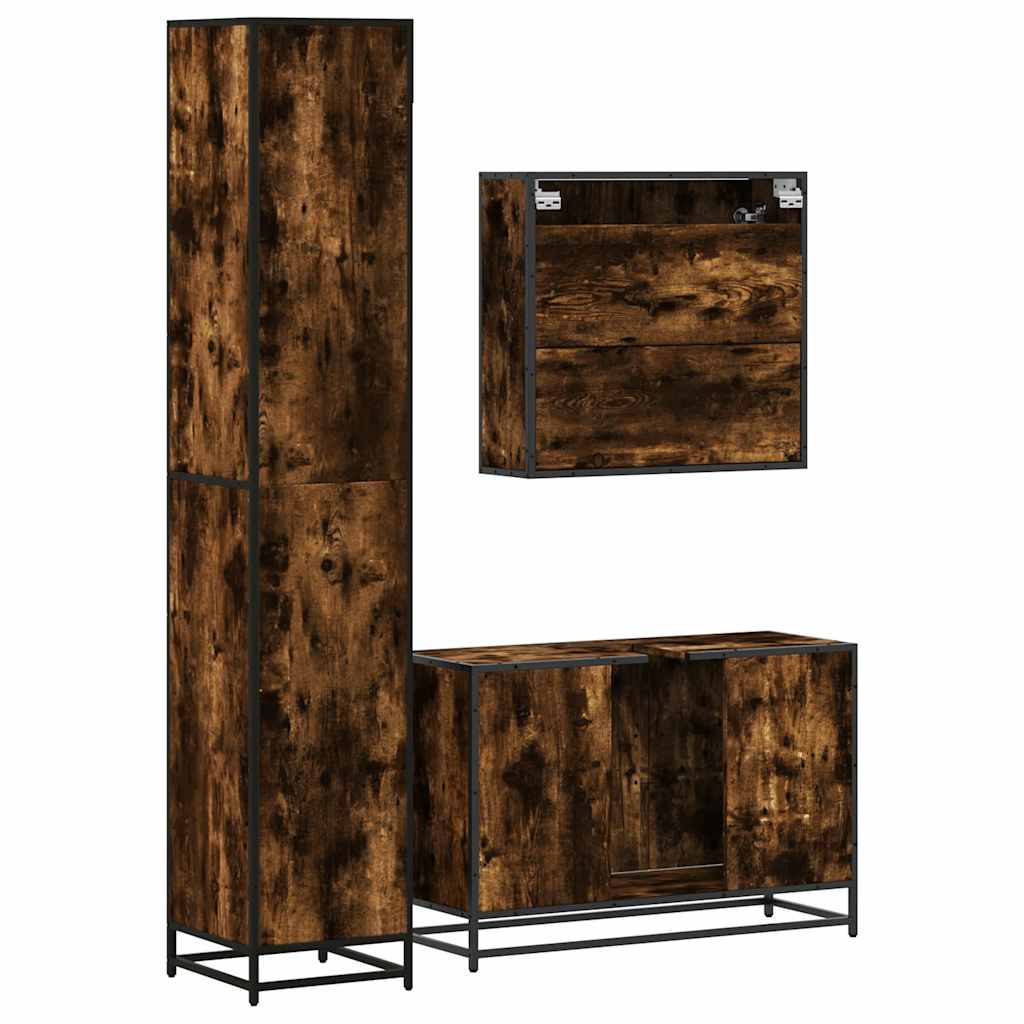 vidaXL Set mobilier de baie, 3 piese, stejar fumuriu, lemn prelucrat