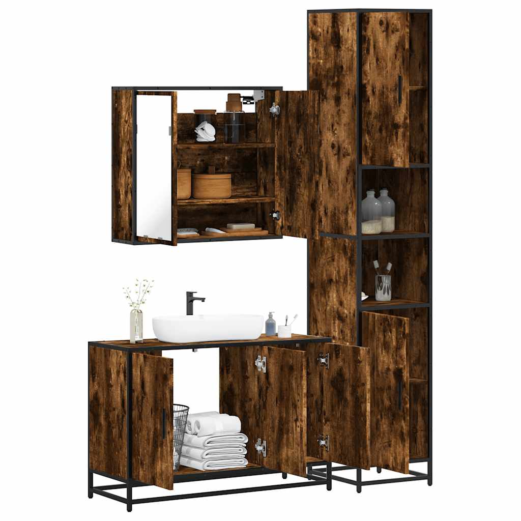 vidaXL Set mobilier de baie, 3 piese, stejar fumuriu, lemn prelucrat