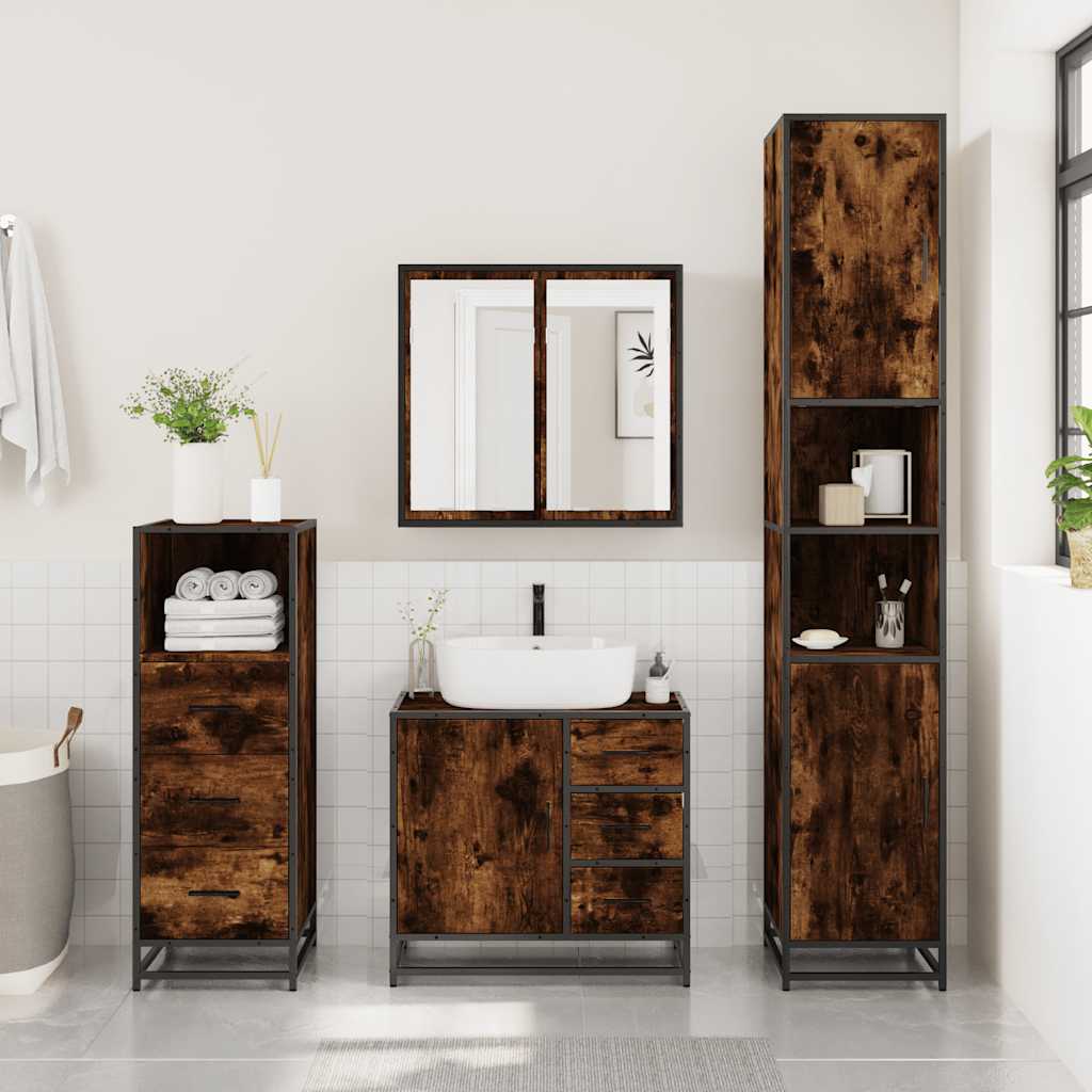 vidaXL Set mobilier de baie, 3 piese, stejar fumuriu, lemn prelucrat vidaXL Set mobilier de baie, 3 piese, stejar fumuriu, lemn prelucrat