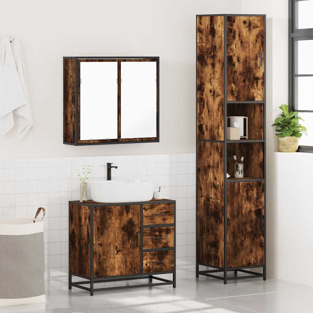 vidaXL Set mobilier de baie, 3 piese, stejar fumuriu, lemn prelucrat vidaXL Set mobilier de baie, 3 piese, stejar fumuriu, lemn prelucrat