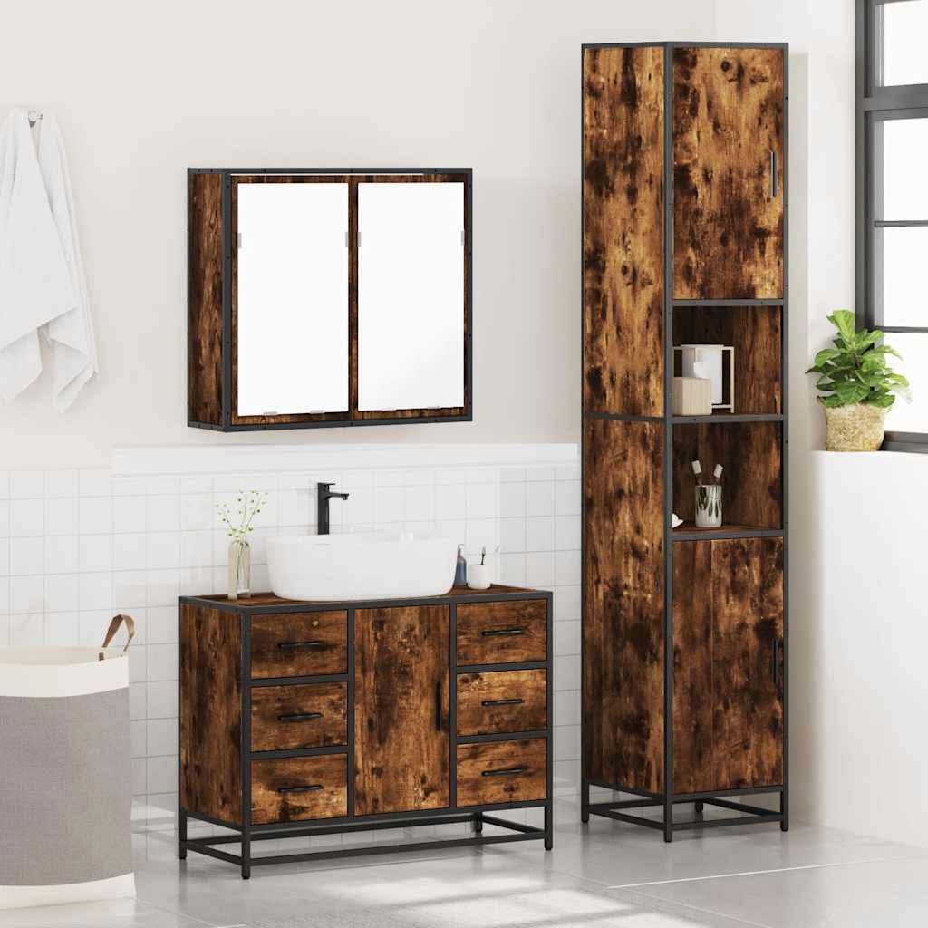vidaXL Set mobilier de baie, 3 piese, stejar fumuriu, lemn prelucrat vidaXL Set mobilier de baie, 3 piese, stejar fumuriu, lemn prelucrat