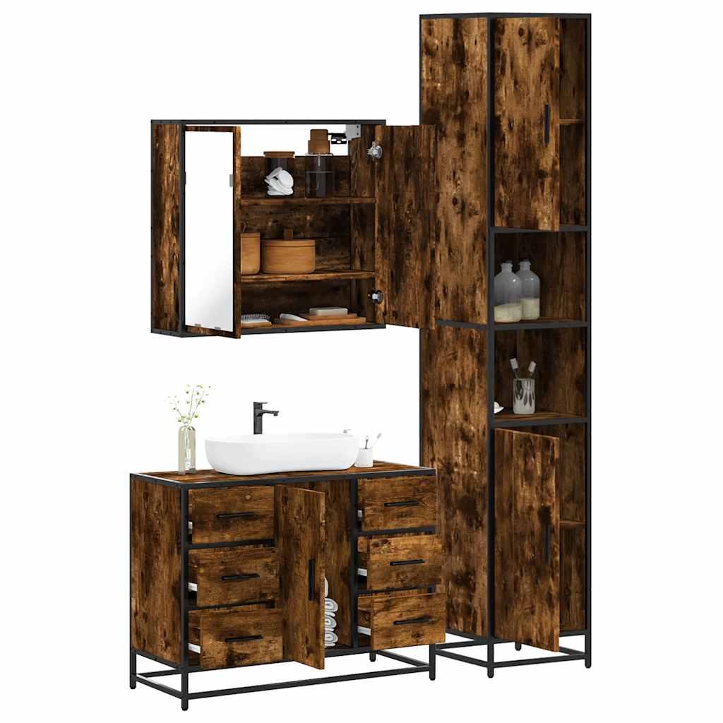vidaXL Set mobilier de baie, 3 piese, stejar fumuriu, lemn prelucrat vidaXL Set mobilier de baie, 3 piese, stejar fumuriu, lemn prelucrat