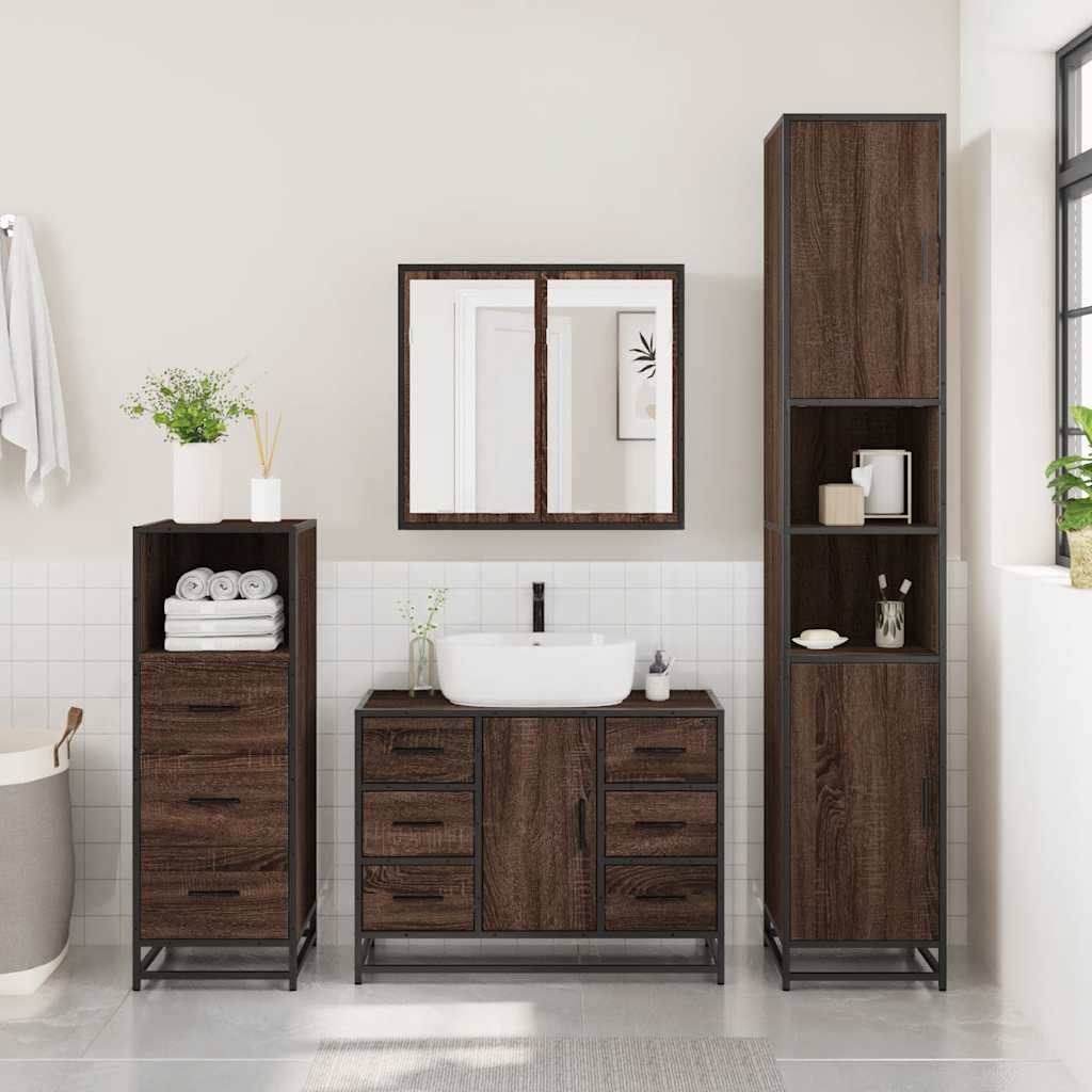 vidaXL Set mobilier de baie, 3 piese, stejar maro, lemn prelucrat
