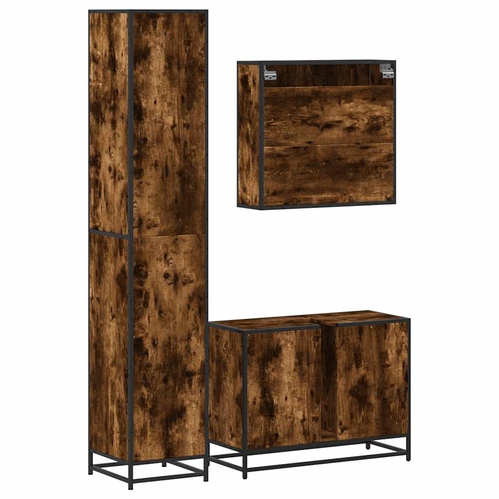 vidaXL Set mobilier de baie, 3 piese, stejar fumuriu, lemn prelucrat