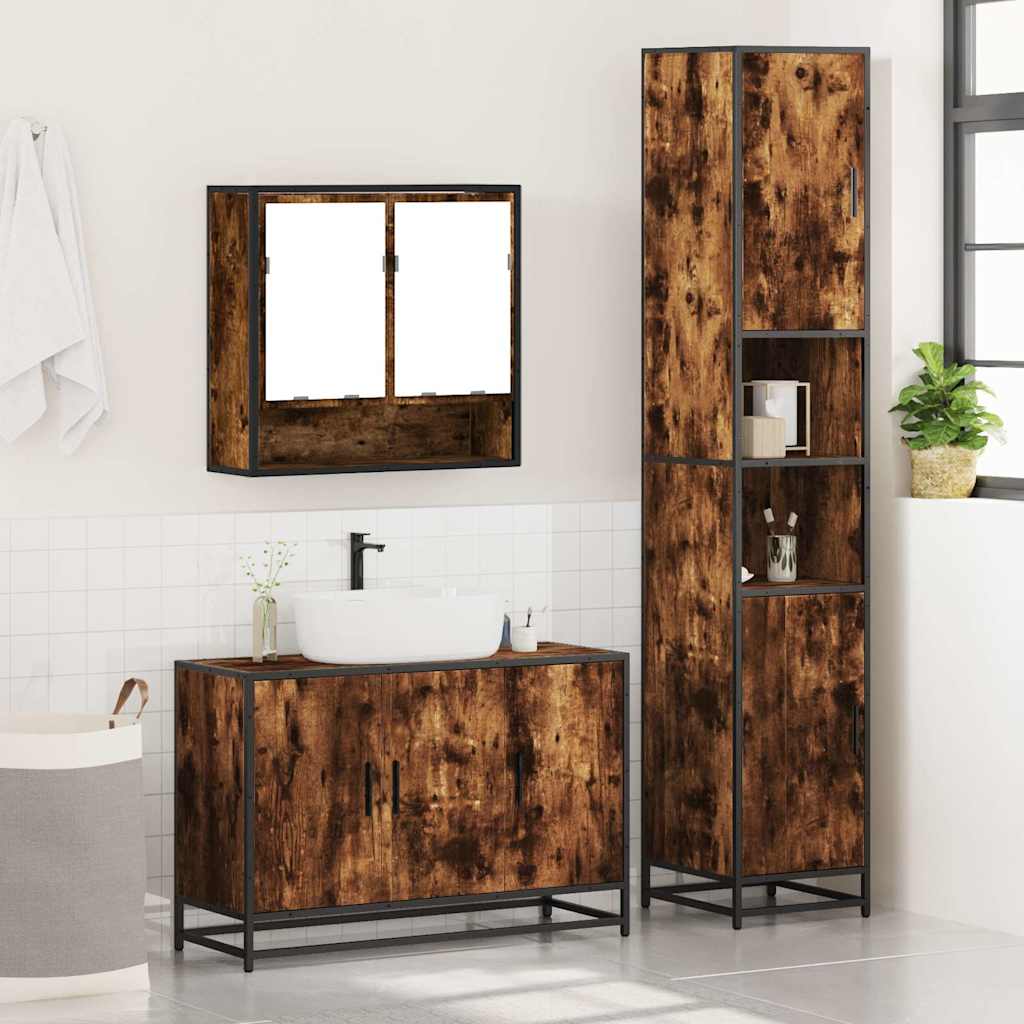 vidaXL Set mobilier de baie, 3 piese, stejar fumuriu, lemn prelucrat vidaXL Set mobilier de baie, 3 piese, stejar fumuriu, lemn prelucrat