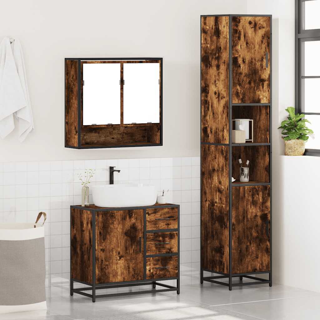 vidaXL Set mobilier de baie, 3 piese, stejar fumuriu, lemn prelucrat vidaXL Set mobilier de baie, 3 piese, stejar fumuriu, lemn prelucrat