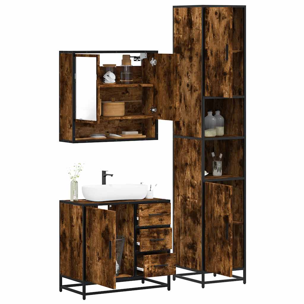 vidaXL Set mobilier de baie, 3 piese, stejar fumuriu, lemn prelucrat vidaXL Set mobilier de baie, 3 piese, stejar fumuriu, lemn prelucrat
