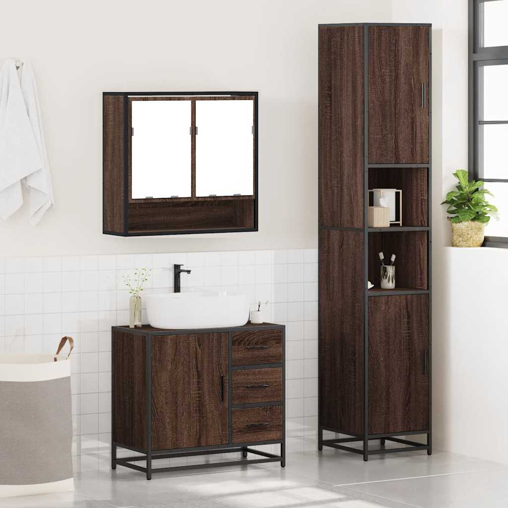 vidaXL Set mobilier de baie, 3 piese, stejar maro, lemn prelucrat