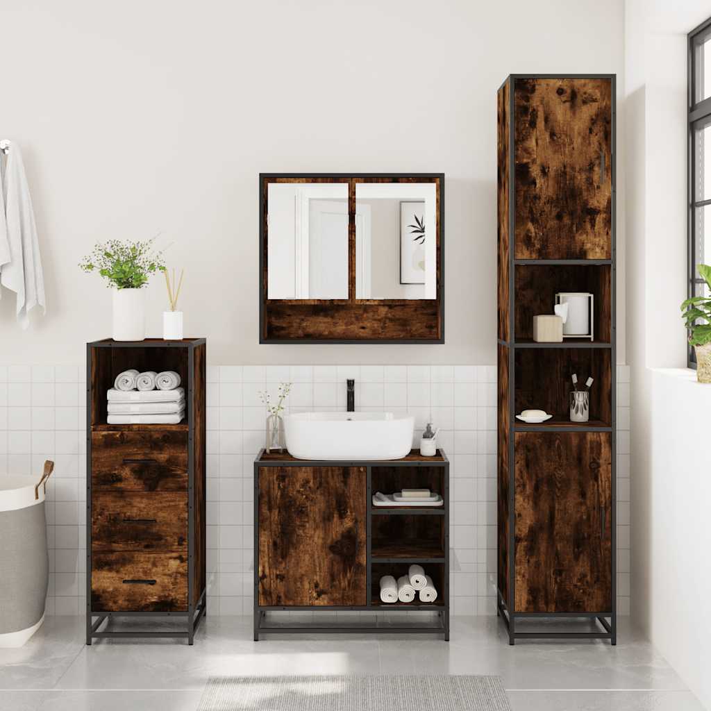 vidaXL Set mobilier de baie, 3 piese, stejar fumuriu, lemn prelucrat
