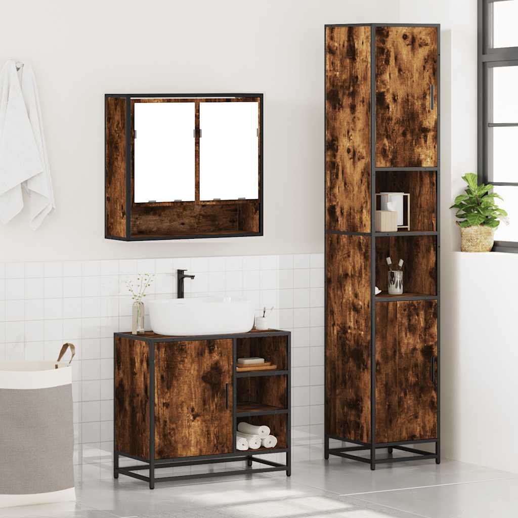 vidaXL Set mobilier de baie, 3 piese, stejar fumuriu, lemn prelucrat