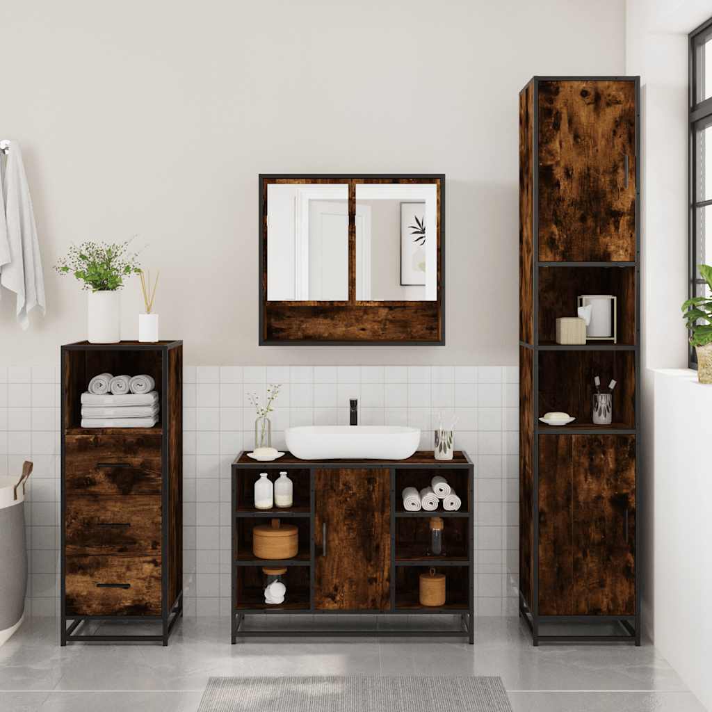 vidaXL Set mobilier de baie, 3 piese, stejar fumuriu, lemn prelucrat