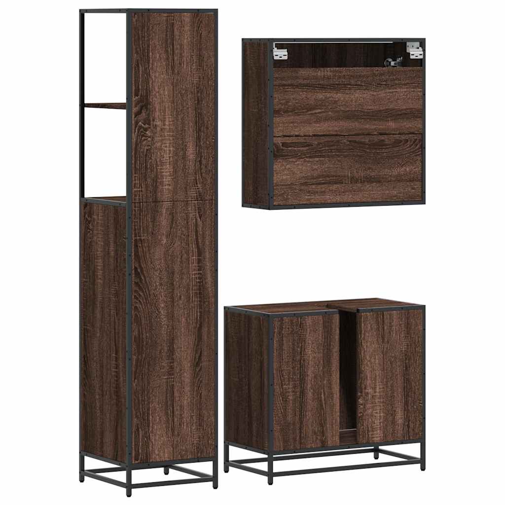 vidaXL Set mobilier de baie, 3 piese, stejar maro, lemn prelucrat